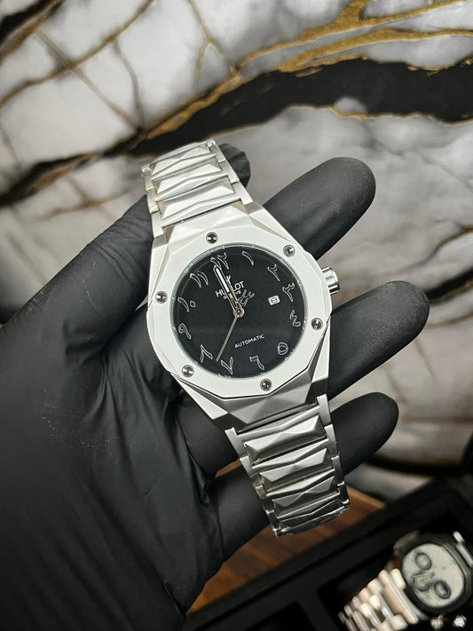 HB Diamond Cut Heavy Weight Quartz Watch - Black Arabic Dial